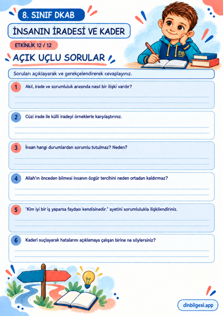 8. Sınıf Din Kültürü – 1. Ünite Kader İnancı – 2. Konu İnsanın İradesi ve Kader – Etkinlik 12: Açık Uçlu Sorular