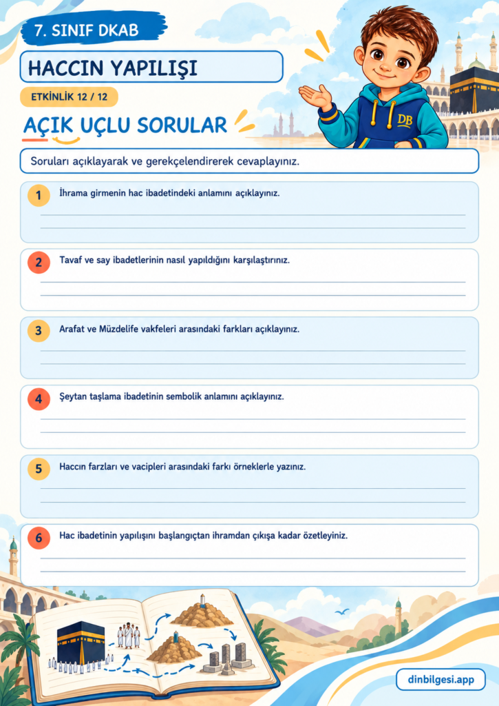 Haccın Yapılışı – Açık Uçlu Sorular Çalışma Kağıdı – 7. Sınıf DKAB