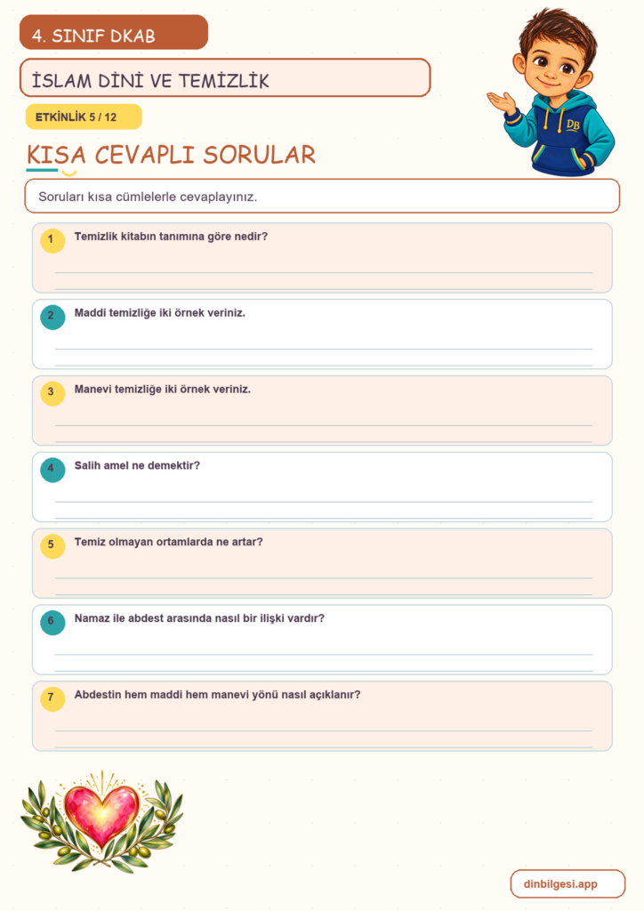 4. Sınıf Din Kültürü – 5. Ünite Din ve Temizlik – 1. Konu İslam Dini ve Temizlik Konu Özeti ve Etkinlik 5