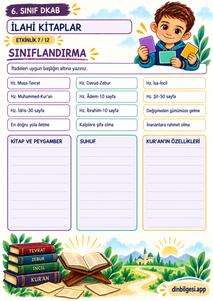 İlahi Kitaplar – Sınıflandırma Çalışma Kağıdı – 6. Sınıf DKAB