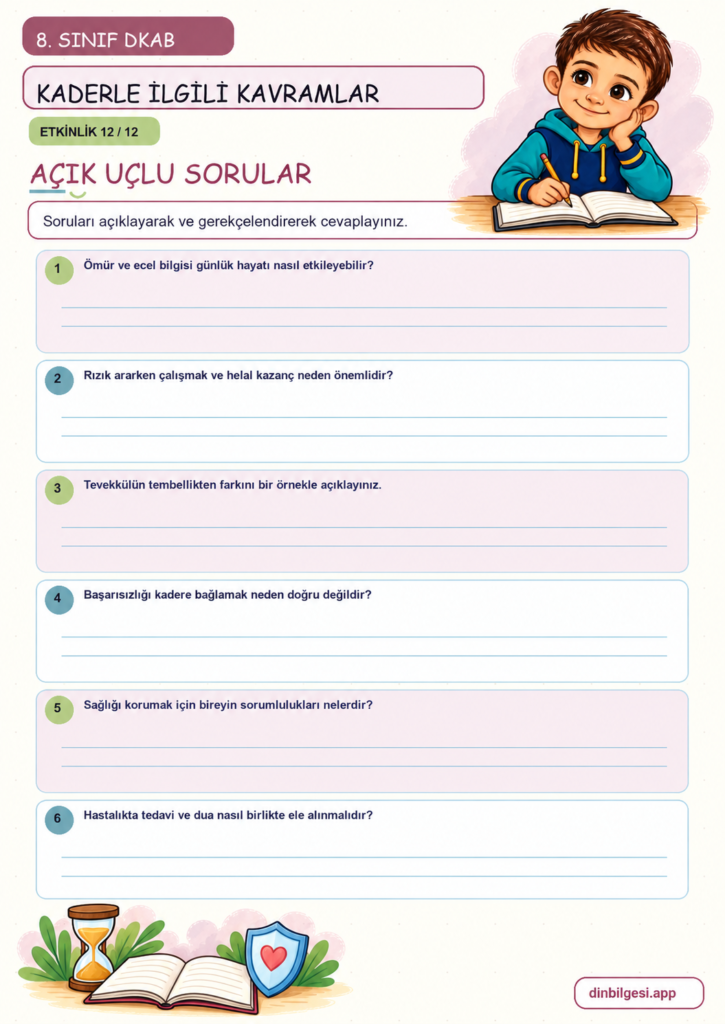 8. Sınıf Din Kültürü – 1. Ünite Kader İnancı – 3. Konu Kaderle İlgili Kavramlar – Etkinlik 12: Açık Uçlu Sorular