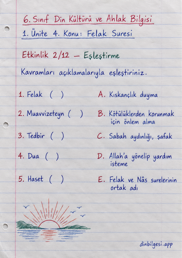 6. Sınıf Din Kültürü ve Ahlak Bilgisi – 1. Ünite Peygamber ve İlahi Kitap İnancı – 4. Konu Bir Sure Öğreniyorum: Felak Suresi Konu Özeti ve Etkinlik 2: Eşleştirme