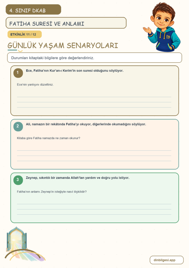 4. Sınıf Din Kültürü – 3. Ünite Güzel Ahlak – 3. Konu Bir Sure Tanıyorum: Fatiha Suresi ve Anlamı Konu Özeti ve Etkinlik 11