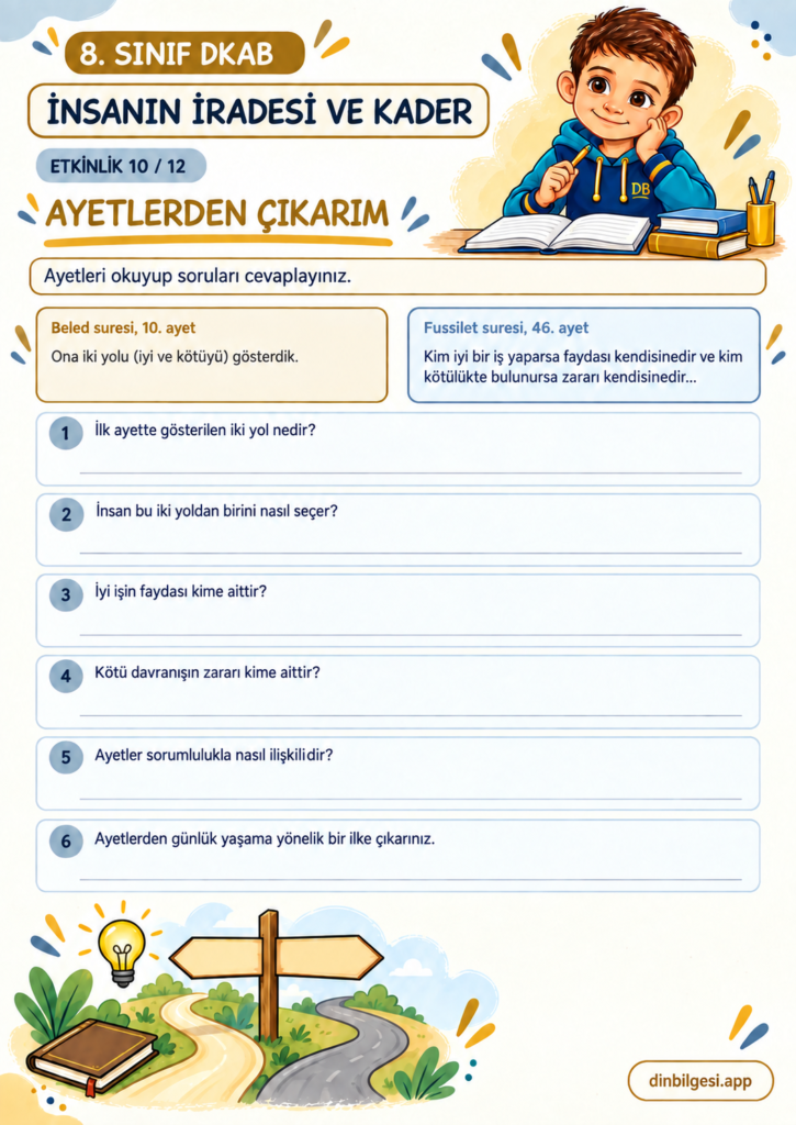 8. Sınıf Din Kültürü – 1. Ünite Kader İnancı – 2. Konu İnsanın İradesi ve Kader – Etkinlik 10: Metinden Çıkarım