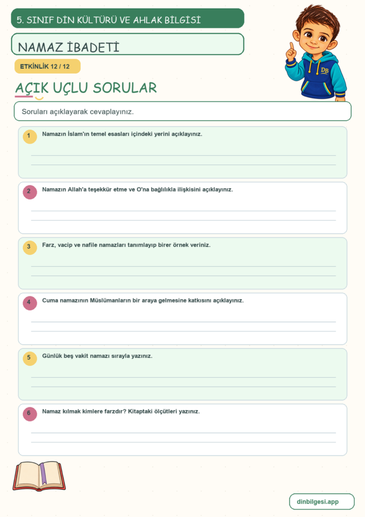 5. Sınıf Din Kültürü ve Ahlak Bilgisi – 2. Ünite Namaz – 1. Konu Allah’ın Huzurunda Olmak: Namaz İbadeti Konu Özeti ve Etkinlik 12
