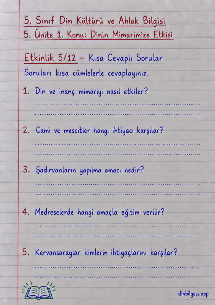 5. Sınıf Din Kültürü ve Ahlak Bilgisi – 5. Ünite Mimarimizde Dinî Motifler – 1. Konu Dinin Mimarimize Etkisi – Etkinlik 5: Kısa Cevaplı Sorular