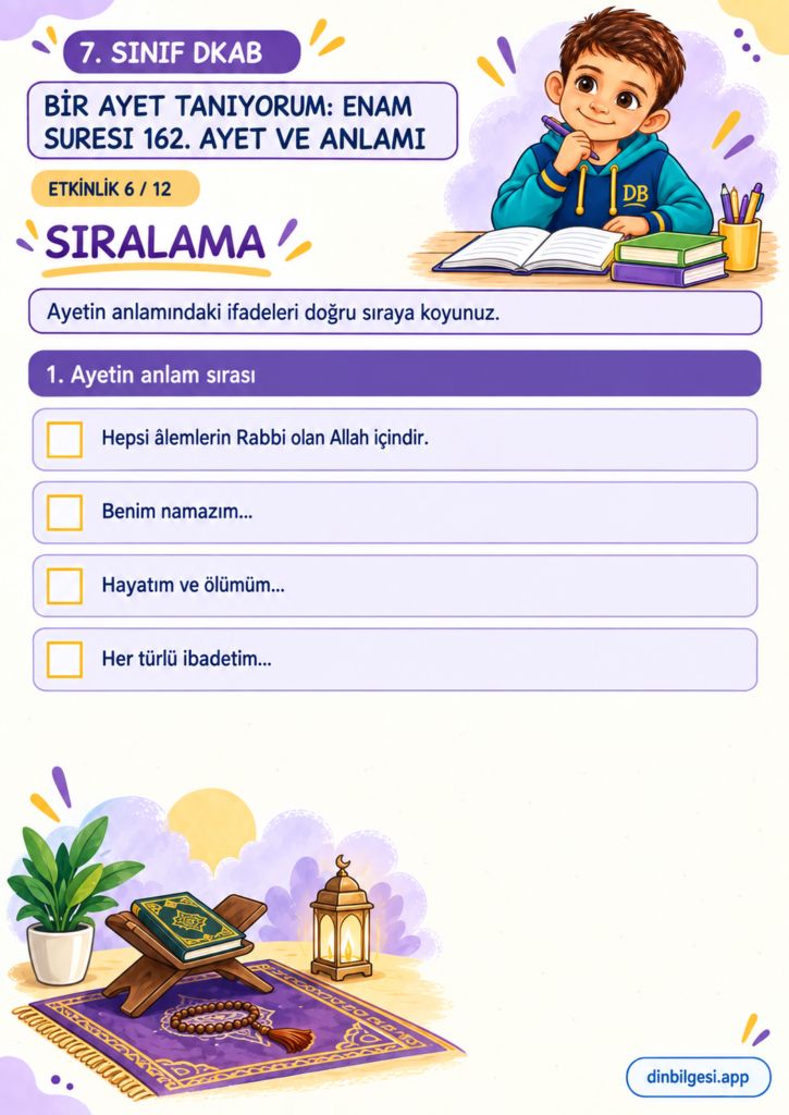 7. Sınıf Din Kültürü – 2. Ünite Hac ve Kurban – 6. Konu Bir Ayet Tanıyorum: Enam Suresi 162. Ayet ve Anlamı – Etkinlik 06: Sıralama