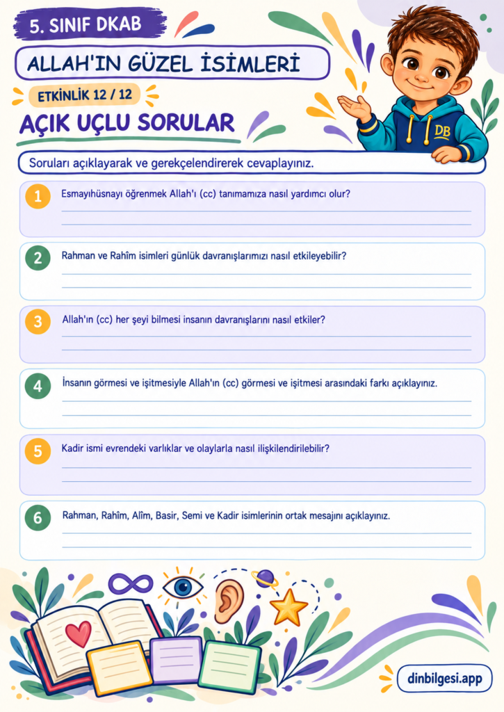Allah’ın Güzel İsimleri – Açık Uçlu Sorular Çalışma Kağıdı – 5. Sınıf DKAB