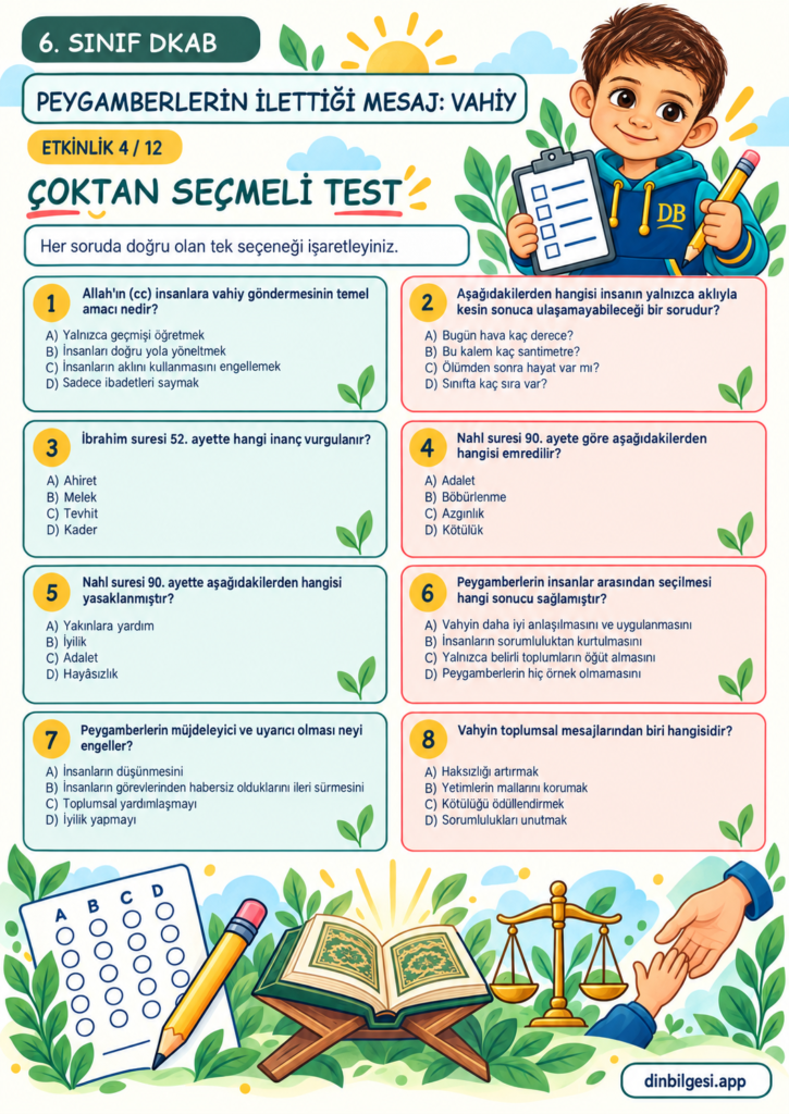 Peygamberlerin İlettiği Mesaj: Vahiy – Çoktan Seçmeli Test Çalışma Kağıdı – 6. Sınıf DKAB