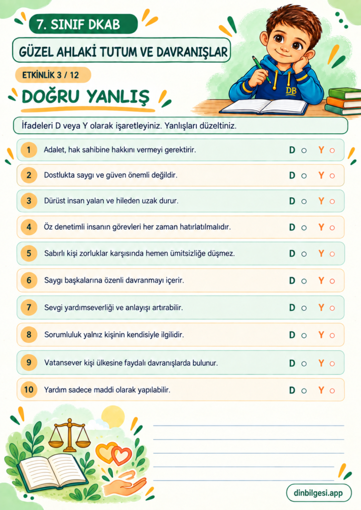 7. Sınıf Din Kültürü – 3. Ünite Ahlaki Davranışlar – 1. Konu Güzel Ahlaki Tutum ve Davranışlar – Etkinlik 03: Doğru Yanlış