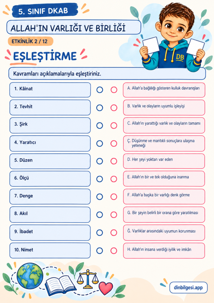 Allah’ın Varlığı ve Birliği – Eşleştirme Çalışma Kağıdı – 5. Sınıf DKAB