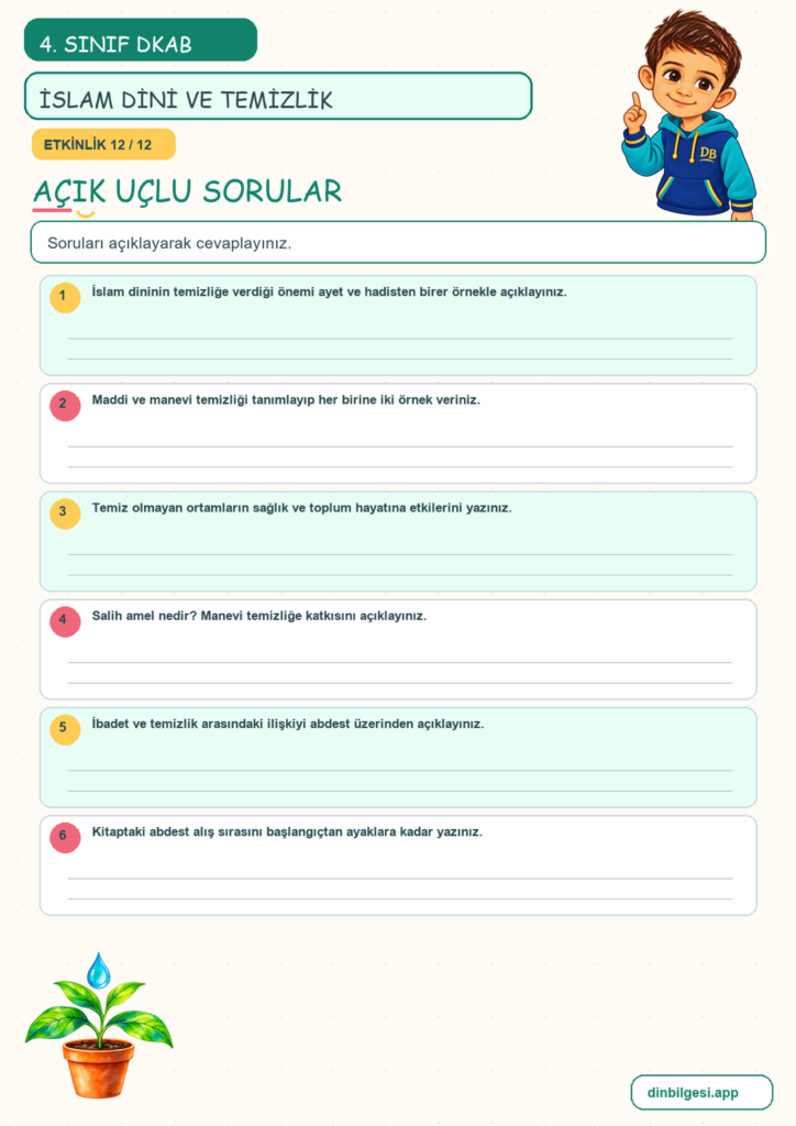 4. Sınıf Din Kültürü – 5. Ünite Din ve Temizlik – 1. Konu İslam Dini ve Temizlik Konu Özeti ve Etkinlik 12