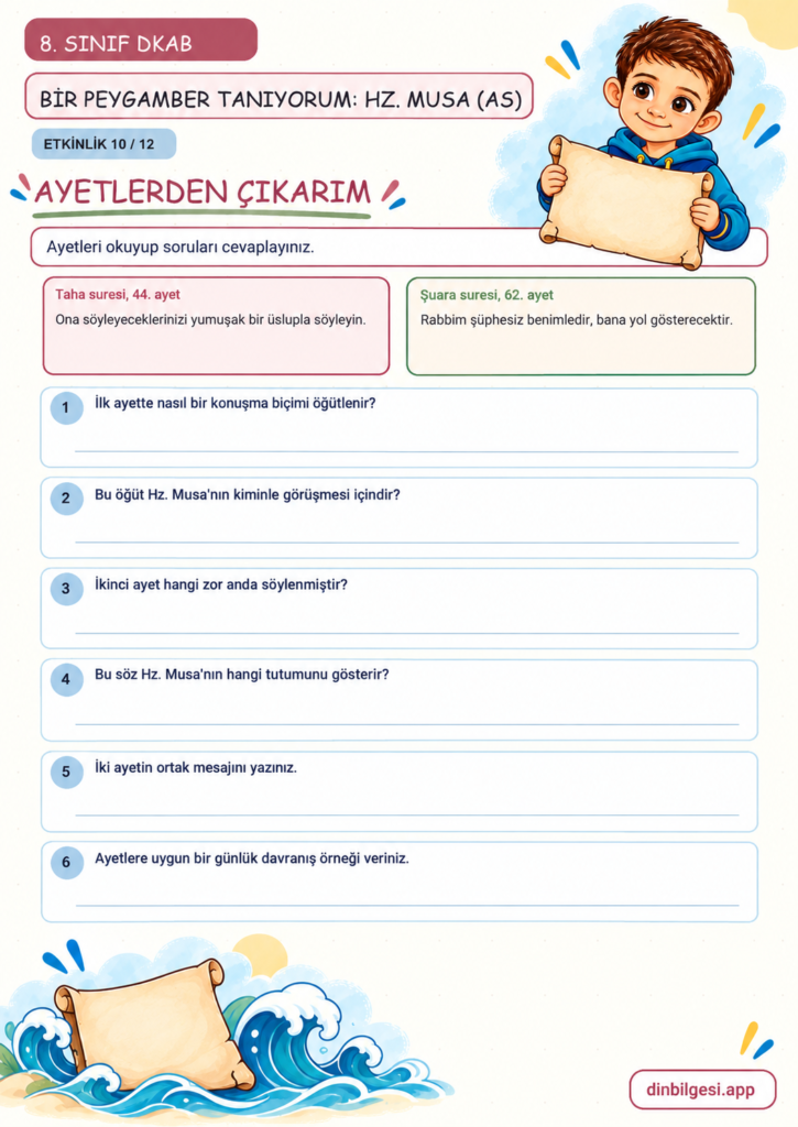 8. Sınıf Din Kültürü – 1. Ünite Kader İnancı – 4. Konu Bir Peygamber Tanıyorum: Hz. Musa (as) – Etkinlik 10: Metinden Çıkarım