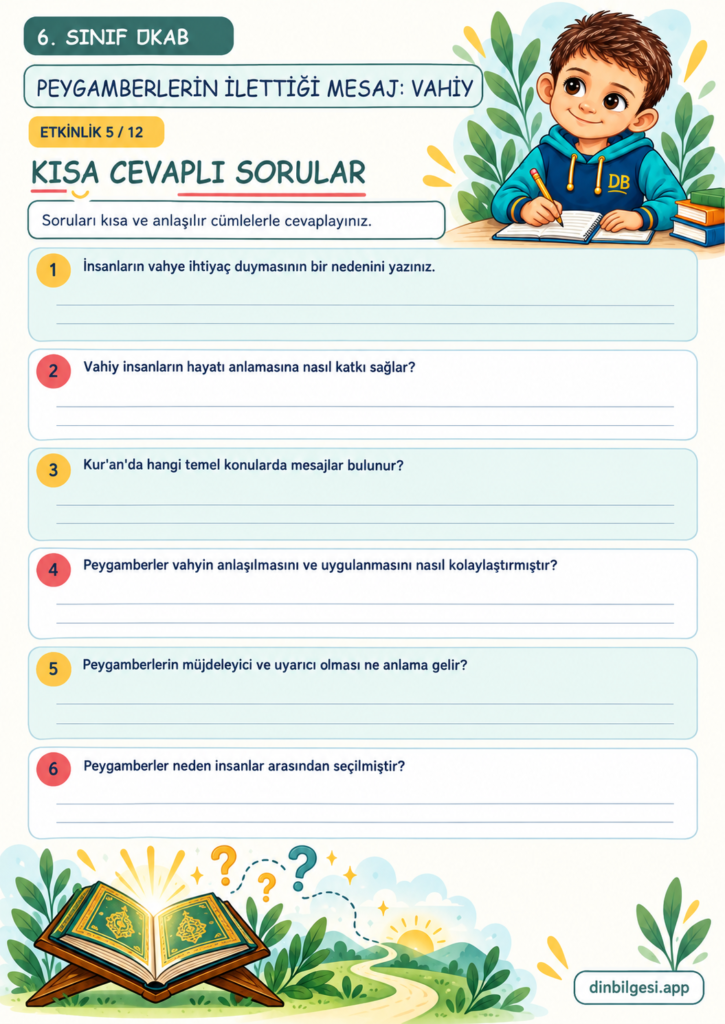 Peygamberlerin İlettiği Mesaj: Vahiy – Kısa Cevaplı Sorular Çalışma Kağıdı – 6. Sınıf DKAB