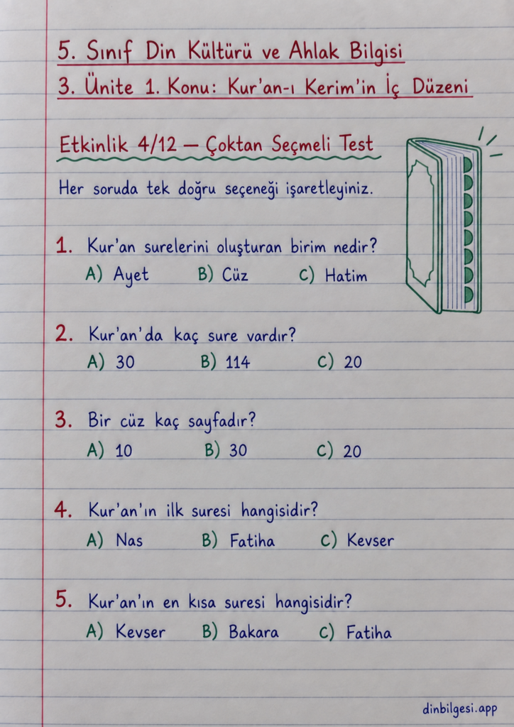 5. Sınıf Din Kültürü ve Ahlak Bilgisi – 3. Ünite Kur’an-ı Kerim – 1. Konu Kur’an-ı Kerim’in İç Düzeni – Etkinlik 4: Çoktan Seçmeli Test
