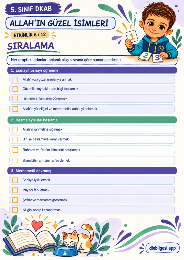 Allah’ın Güzel İsimleri – Sıralama Çalışma Kağıdı – 5. Sınıf DKAB