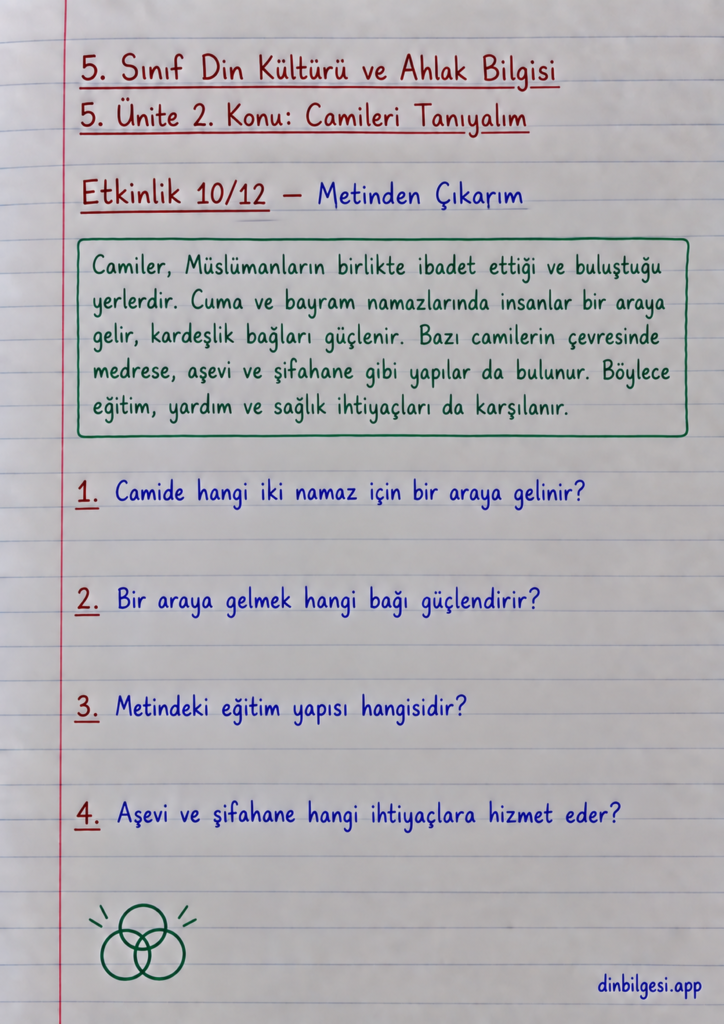 5. Sınıf Din Kültürü ve Ahlak Bilgisi – 5. Ünite Mimarimizde Dinî Motifler – 2. Konu Camileri Tanıyalım – Etkinlik 10: Metinden Çıkarım