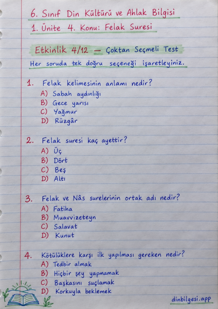 6. Sınıf Din Kültürü ve Ahlak Bilgisi – 1. Ünite Peygamber ve İlahi Kitap İnancı – 4. Konu Bir Sure Öğreniyorum: Felak Suresi Konu Özeti ve Etkinlik 4: Çoktan Seçmeli Test