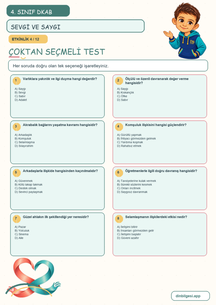 4. Sınıf Din Kültürü – 3. Ünite Güzel Ahlak – 2. Konu İnsani İlişkilerin Temeli: Sevgi ve Saygı Konu Özeti ve Etkinlik 4