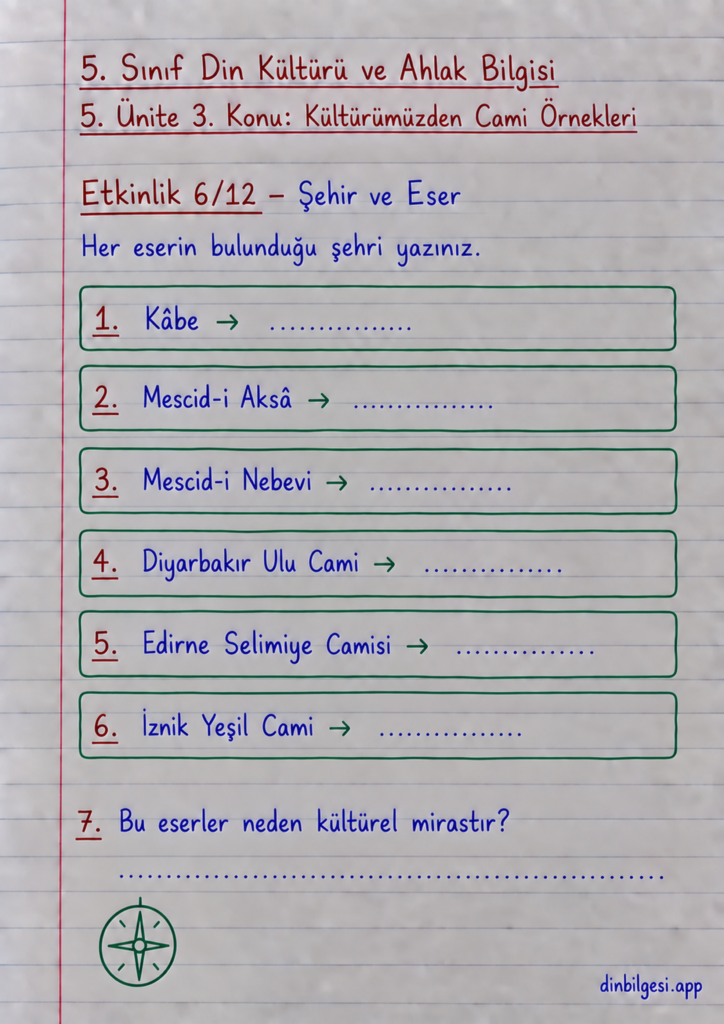 5. Sınıf Din Kültürü ve Ahlak Bilgisi – 5. Ünite Mimarimizde Dinî Motifler – 3. Konu Kültürümüzden Cami Örnekleri – Etkinlik 6: Şehir ve Eser