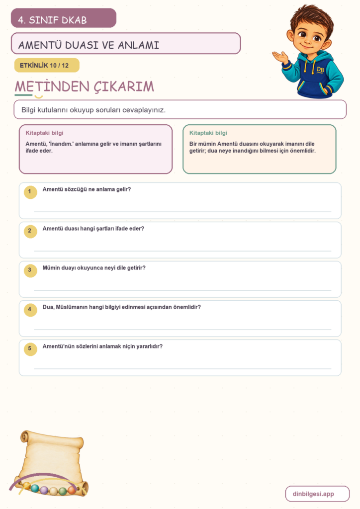4. Sınıf Din Kültürü – 2. Ünite İslam’ı Tanıyalım – 4. Konu Bir Dua Tanıyorum: Amentü Duası ve Anlamı Konu Özeti ve Etkinlik 10