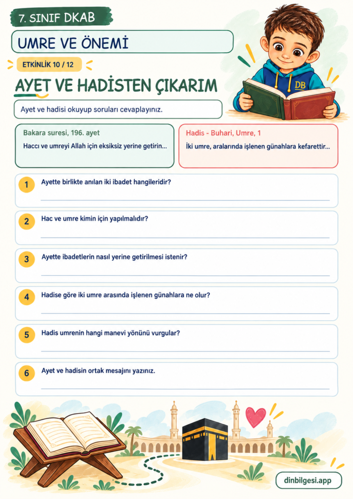 Umre ve Önemi – Ayet ve Hadisten Çıkarım Çalışma Kağıdı – 7. Sınıf DKAB