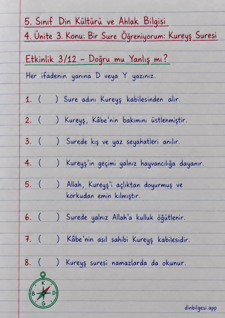 5. Sınıf Din Kültürü ve Ahlak Bilgisi – 4. Ünite Peygamber Kıssaları – 3. Konu Bir Sure Öğreniyorum: Kureyş Suresi – Etkinlik 3: Doğru Yanlış