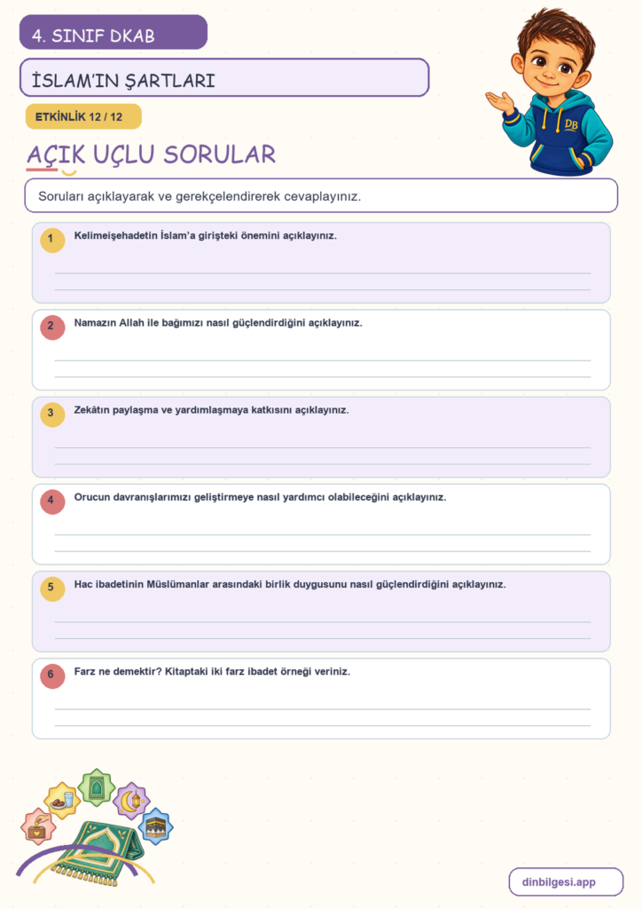 4. Sınıf Din Kültürü – 2. Ünite İslam’ı Tanıyalım – 2. Konu İslam’ın Şartları Konu Özeti ve Etkinlik 12