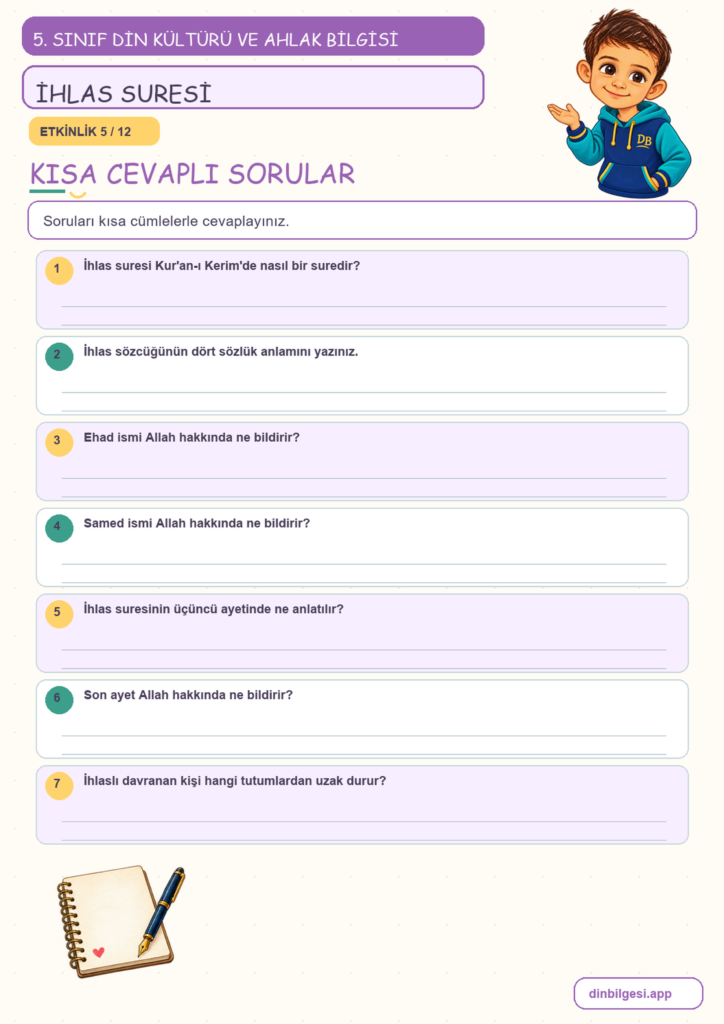 5. Sınıf Din Kültürü ve Ahlak Bilgisi – 1. Ünite Allah İnancı – 4. Konu Bir Sure Öğreniyorum: İhlas Suresi Konu Özeti ve Etkinlik 5
