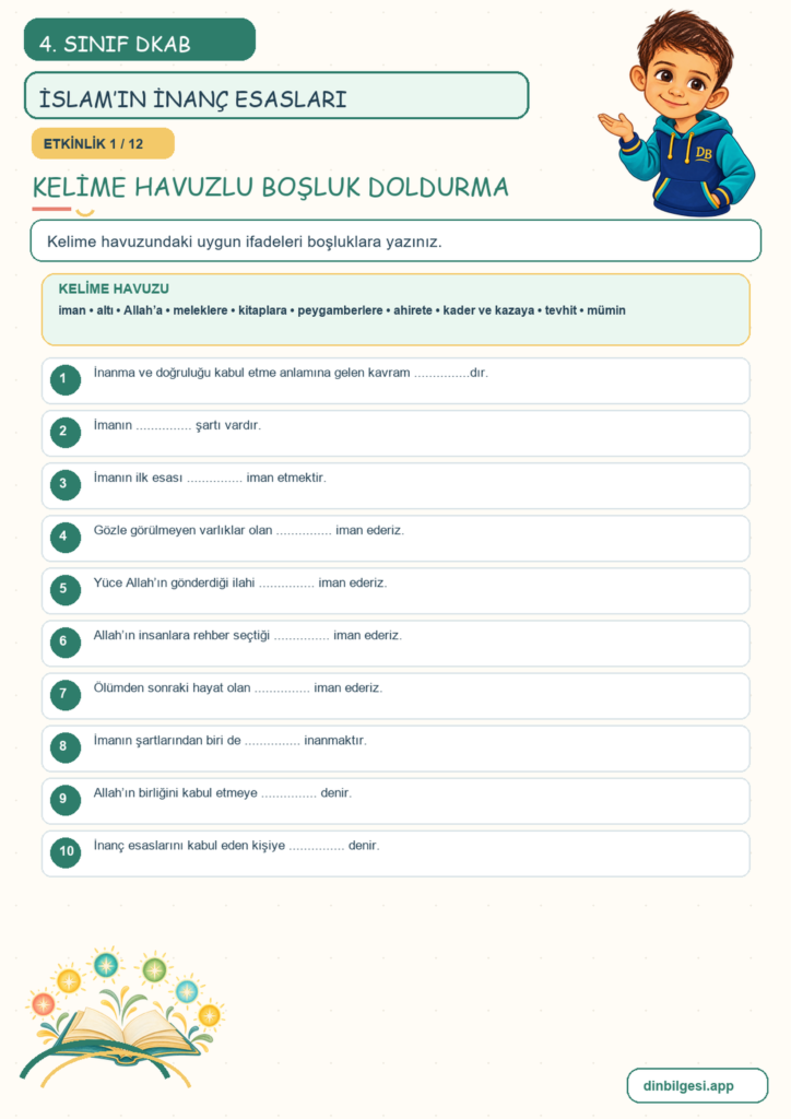 4. Sınıf Din Kültürü – 2. Ünite İslam’ı Tanıyalım – 1. Konu İslam’ın İnanç Esasları Konu Özeti ve Etkinlik 1
