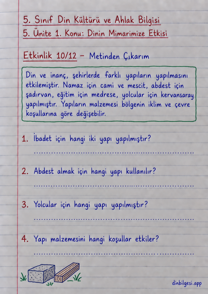 5. Sınıf Din Kültürü ve Ahlak Bilgisi – 5. Ünite Mimarimizde Dinî Motifler – 1. Konu Dinin Mimarimize Etkisi – Etkinlik 10: Metinden Çıkarım