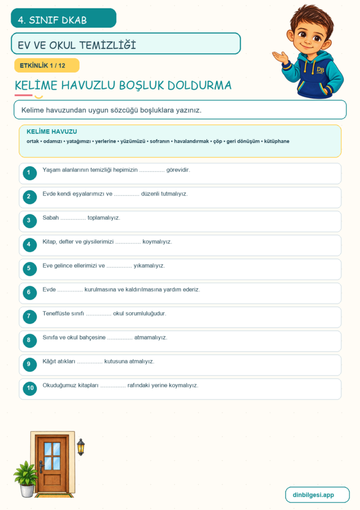 4. Sınıf Din Kültürü – 5. Ünite Din ve Temizlik – 3. Konu Evimi ve Okulumu Temiz Tutarım Konu Özeti ve Etkinlik 1