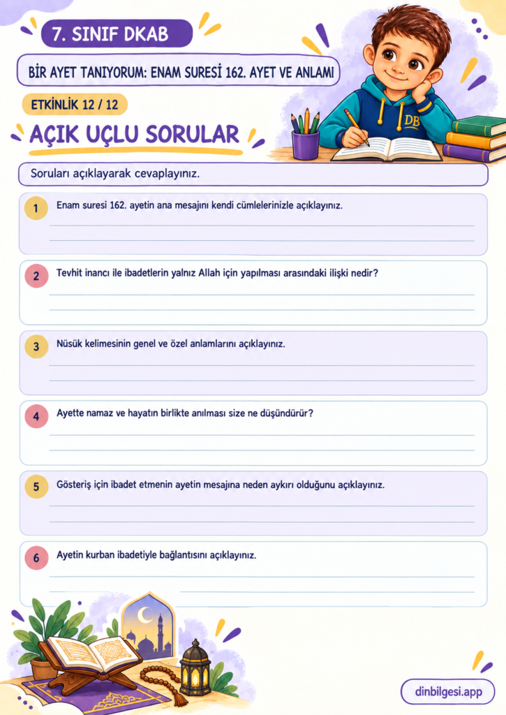 7. Sınıf Din Kültürü – 2. Ünite Hac ve Kurban – 6. Konu Bir Ayet Tanıyorum: Enam Suresi 162. Ayet ve Anlamı – Etkinlik 12: Açık Uçlu Sorular