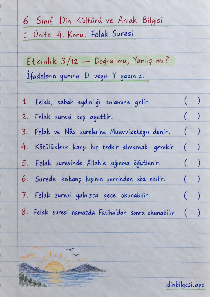 6. Sınıf Din Kültürü ve Ahlak Bilgisi – 1. Ünite Peygamber ve İlahi Kitap İnancı – 4. Konu Bir Sure Öğreniyorum: Felak Suresi Konu Özeti ve Etkinlik 3: Doğru mu Yanlış mı