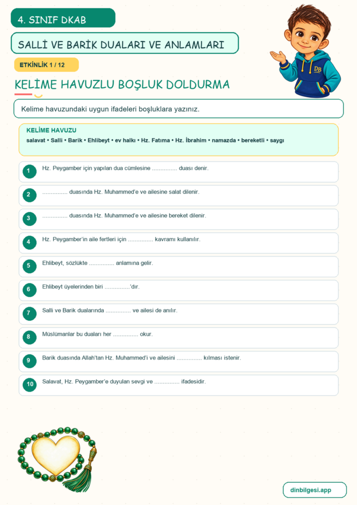 4. Sınıf Din Kültürü – 4. Ünite Hz. Muhammed’i Tanıyalım – 5. Konu Bir Dua Tanıyorum: Salli ve Barik Duaları ve Anlamları Konu Özeti ve Etkinlik 1