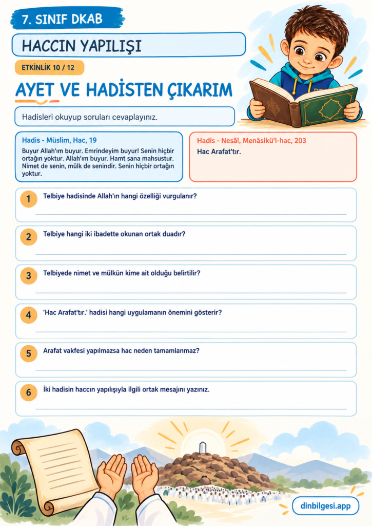 Haccın Yapılışı – Ayet ve Hadisten Çıkarım Çalışma Kağıdı – 7. Sınıf DKAB