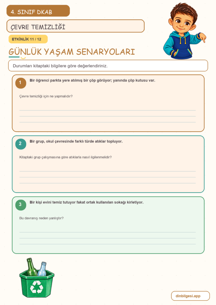 4. Sınıf Din Kültürü – 5. Ünite Din ve Temizlik – 4. Konu Çevremi Temiz Tutarım Konu Özeti ve Etkinlik 11