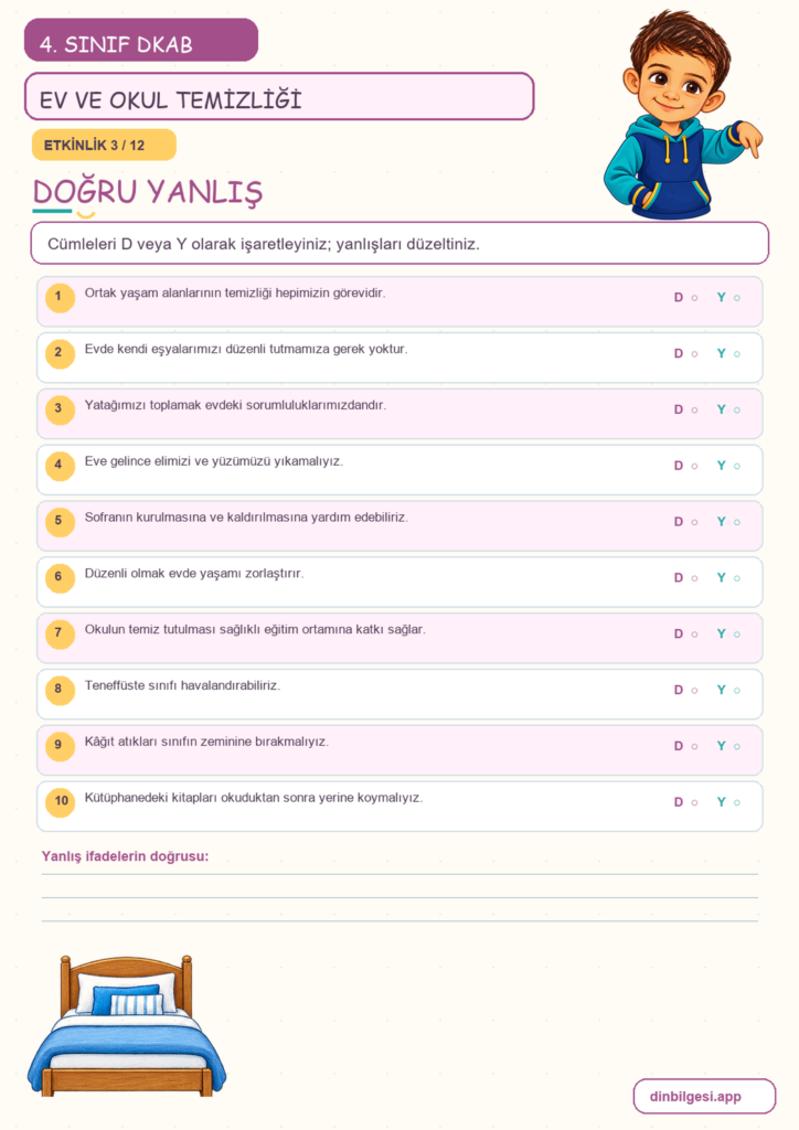 4. Sınıf Din Kültürü – 5. Ünite Din ve Temizlik – 3. Konu Evimi ve Okulumu Temiz Tutarım Konu Özeti ve Etkinlik 3