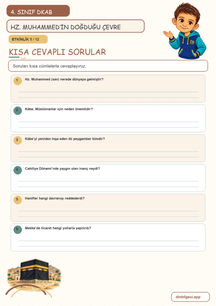 4. Sınıf Din Kültürü – 4. Ünite Hz. Muhammed’i Tanıyalım – 1. Konu Hz. Muhammed’in (sav) Doğduğu Çevre Konu Özeti ve Etkinlik 5