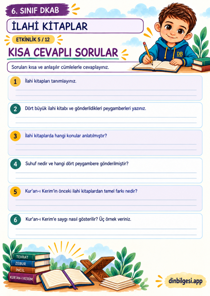 İlahi Kitaplar – Kısa Cevaplı Sorular Çalışma Kağıdı – 6. Sınıf DKAB
