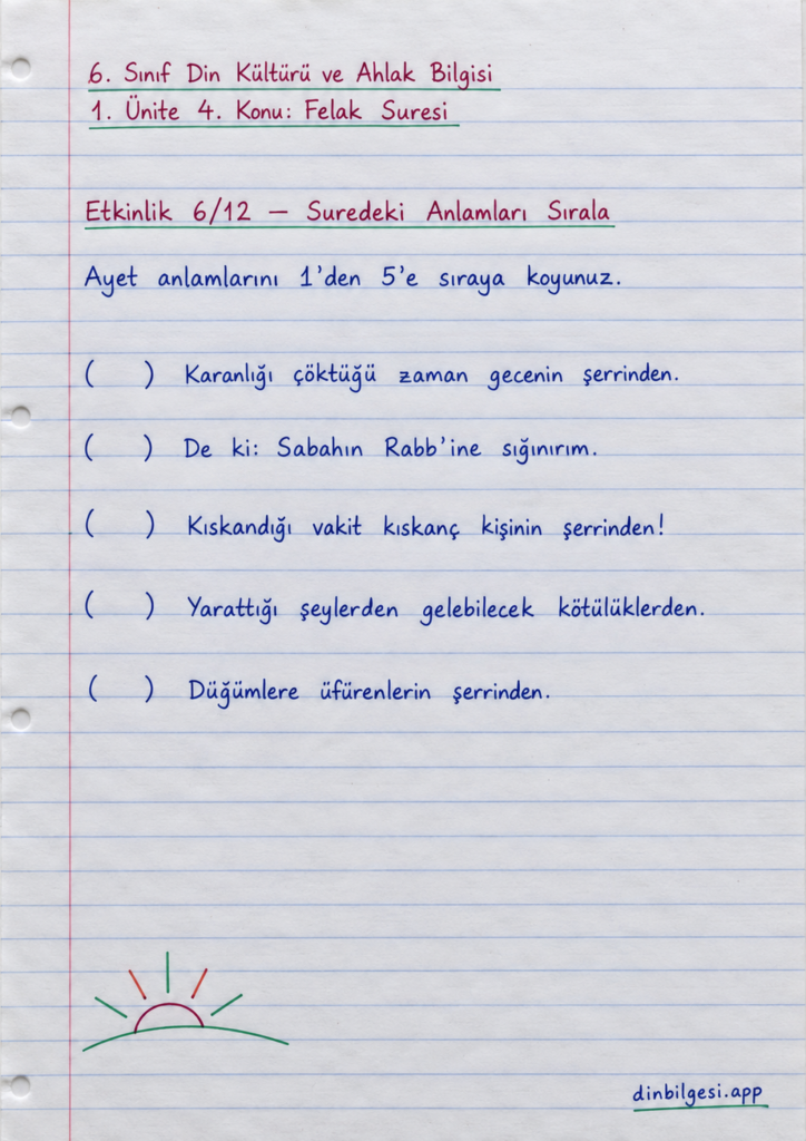6. Sınıf Din Kültürü ve Ahlak Bilgisi – 1. Ünite Peygamber ve İlahi Kitap İnancı – 4. Konu Bir Sure Öğreniyorum: Felak Suresi Konu Özeti ve Etkinlik 6: Suredeki Anlamları Sırala