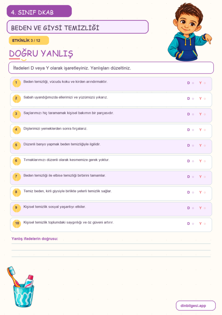 4. Sınıf Din Kültürü – 5. Ünite Din ve Temizlik – 2. Konu Bedenimi ve Giysilerimi Temiz Tutarım Konu Özeti ve Etkinlik 3