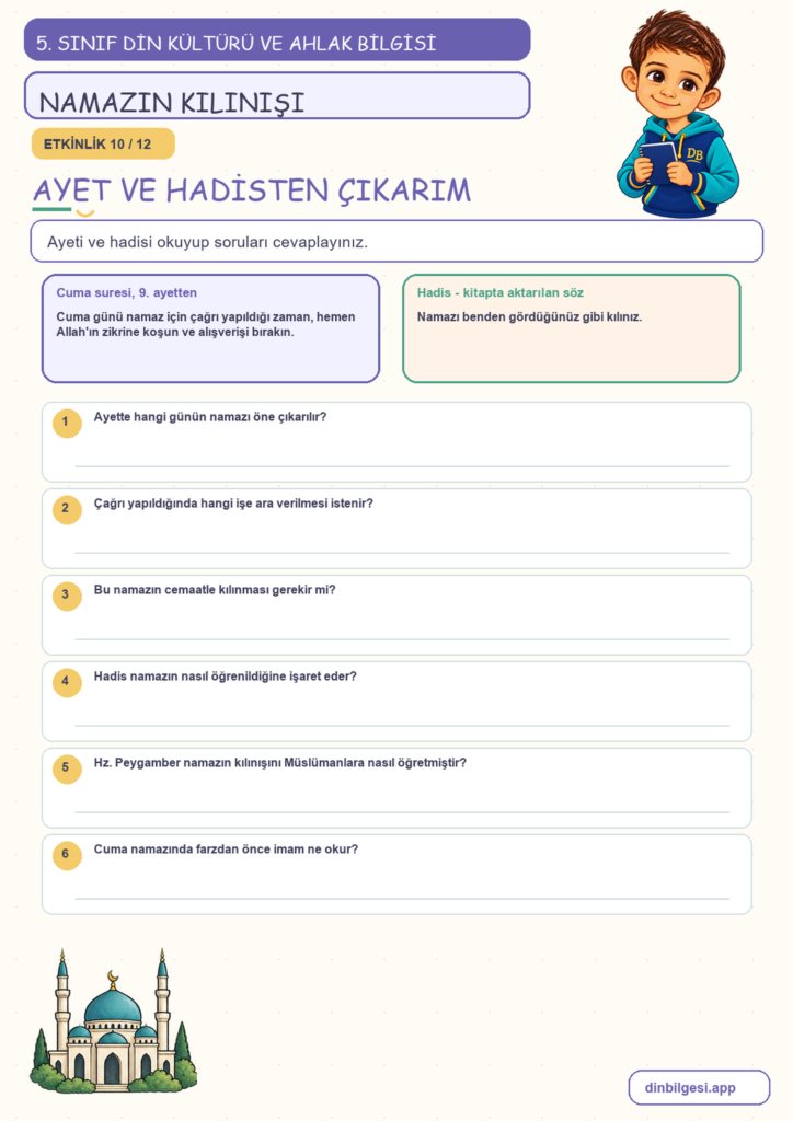 5. Sınıf Din Kültürü ve Ahlak Bilgisi – 2. Ünite Namaz – 2. Konu Namazın Kılınışı Konu Özeti ve Etkinlik 10