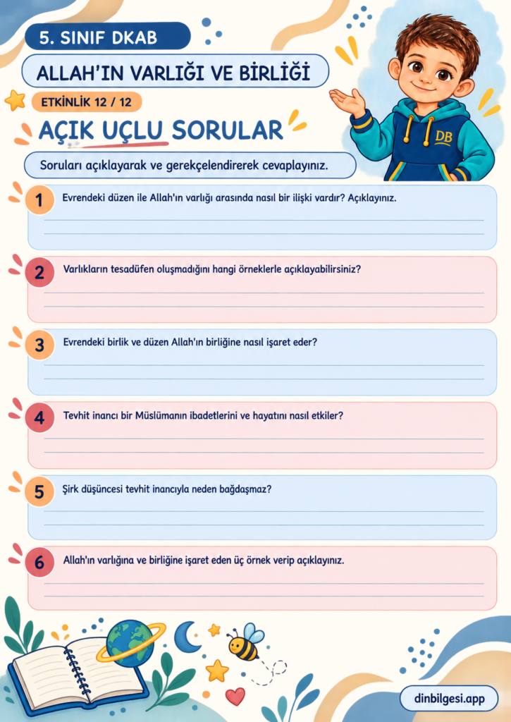 Allah’ın Varlığı ve Birliği – Açık Uçlu Sorular Çalışma Kağıdı – 5. Sınıf DKAB
