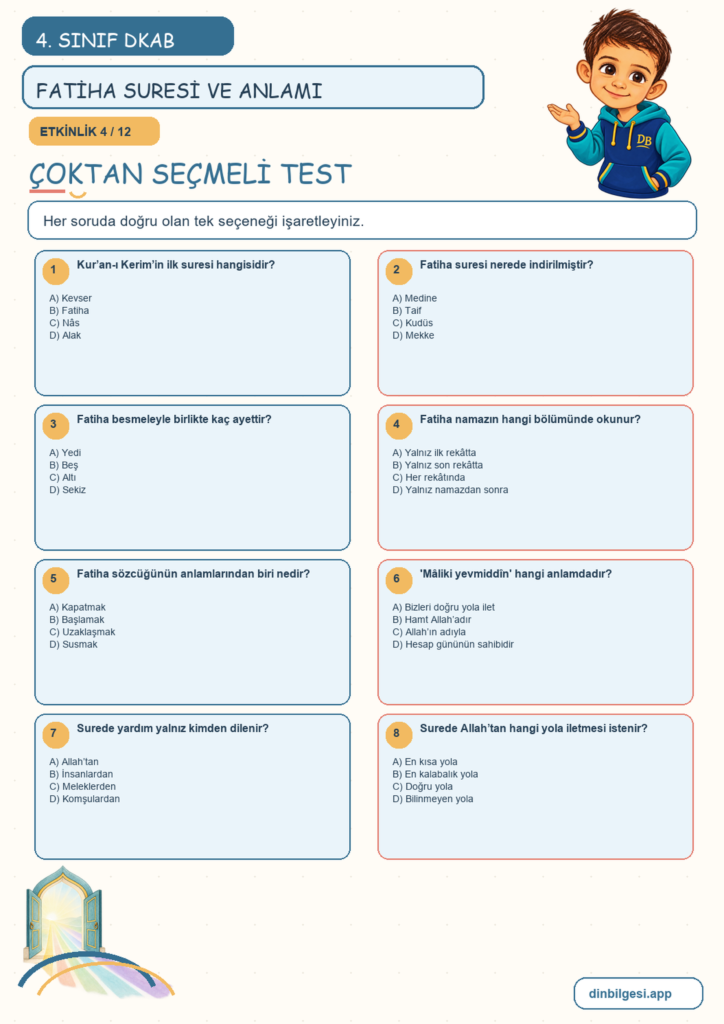 4. Sınıf Din Kültürü – 3. Ünite Güzel Ahlak – 3. Konu Bir Sure Tanıyorum: Fatiha Suresi ve Anlamı Konu Özeti ve Etkinlik 4