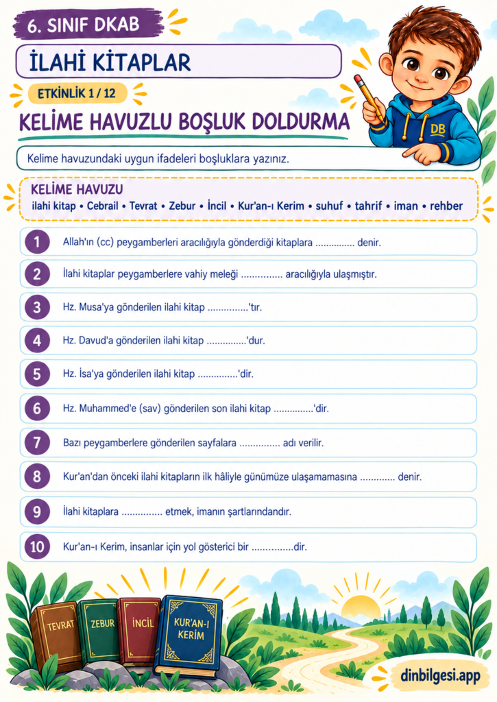 İlahi Kitaplar – Kelime Havuzlu Boşluk Doldurma Çalışma Kağıdı – 6. Sınıf DKAB