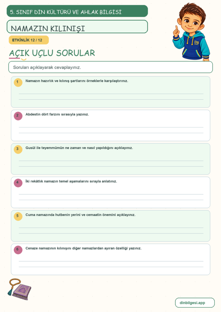 5. Sınıf Din Kültürü ve Ahlak Bilgisi – 2. Ünite Namaz – 2. Konu Namazın Kılınışı Konu Özeti ve Etkinlik 12