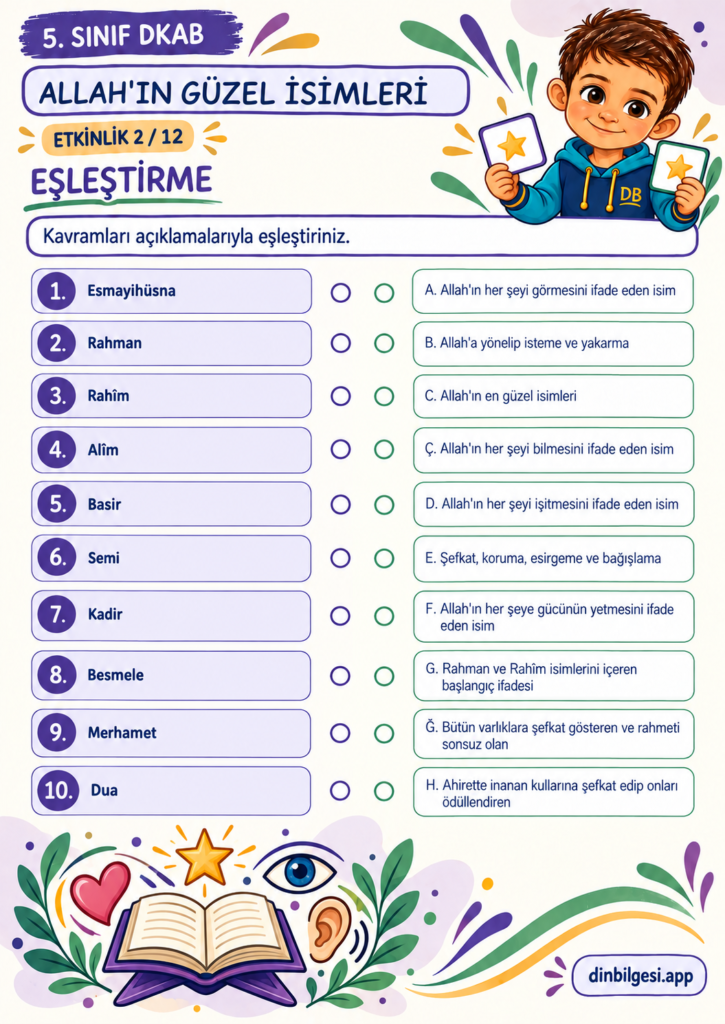 Allah’ın Güzel İsimleri – Eşleştirme Çalışma Kağıdı – 5. Sınıf DKAB