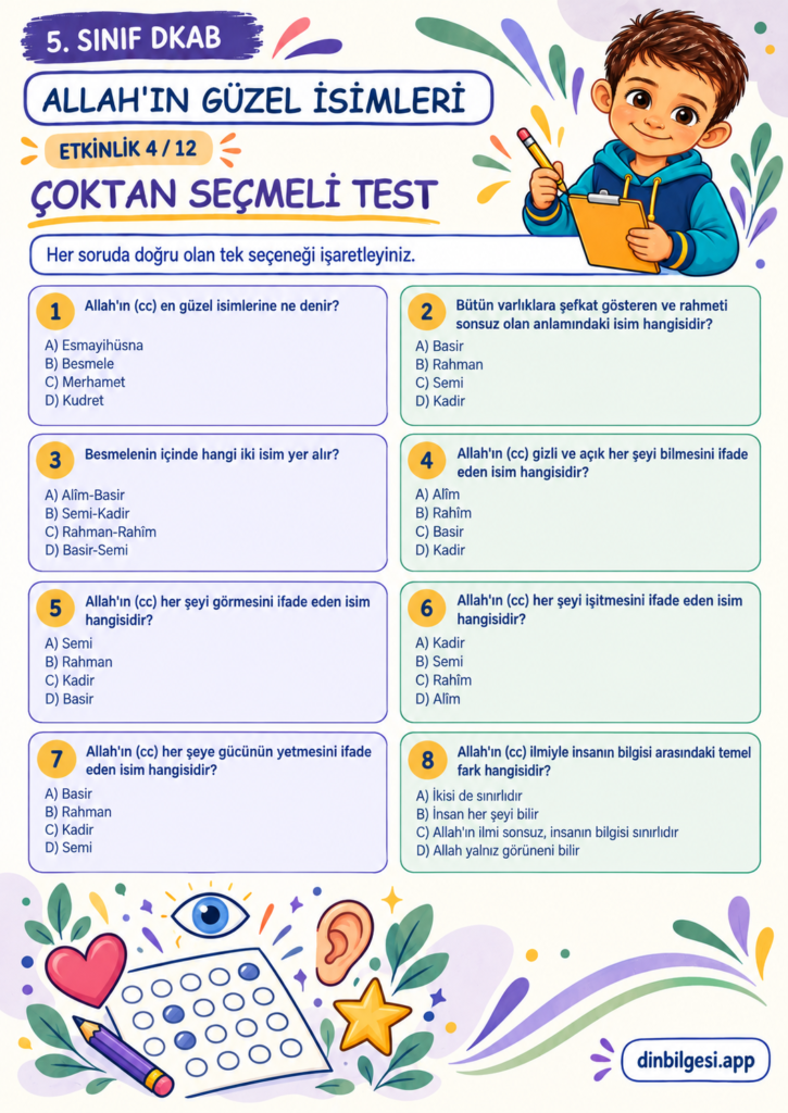 Allah’ın Güzel İsimleri – Çoktan Seçmeli Test Çalışma Kağıdı – 5. Sınıf DKAB