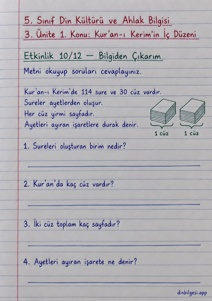 5. Sınıf Din Kültürü ve Ahlak Bilgisi – 3. Ünite Kur’an-ı Kerim – 1. Konu Kur’an-ı Kerim’in İç Düzeni – Etkinlik 10: Bilgiden Çıkarım